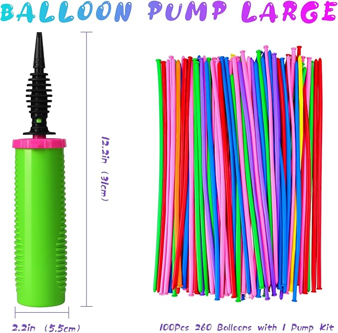100Pcs 260 Balloons qualatex with 1 Hand Balloon Pump Kit, Professional Premium Quality Twisting Magic Long Balloons Assorted Color to Make Animal for Birthday Party Clowns Wedding Decorations
