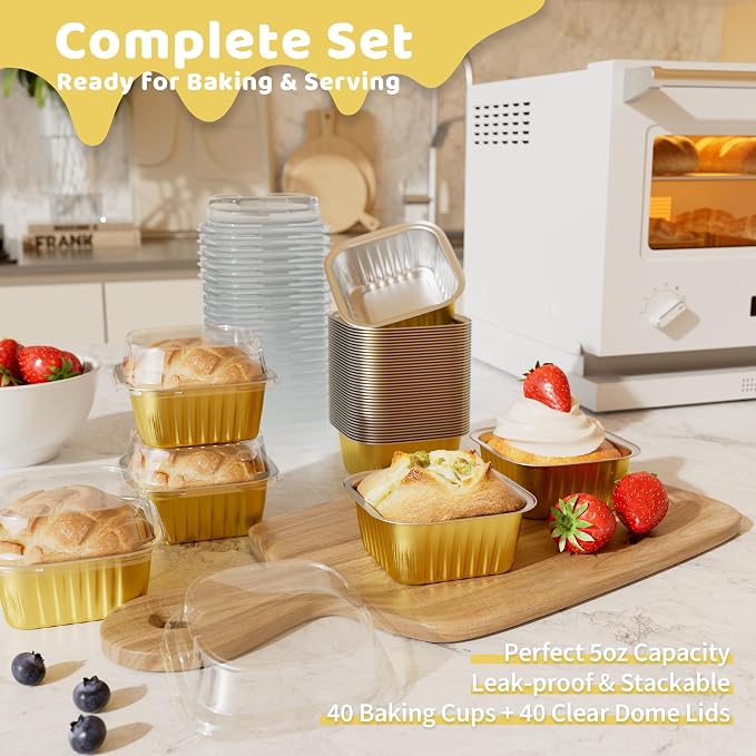 40 Pack 5 OZ Mini Cake Pans with Lids, Disposable Square Aluminum Foil Brownie Baking Cups, Mini Aluminum Foil Cupcake Muffin Tin Ramekins, Flan Molds Cake Containers for Wedding Birthday Party,Gold