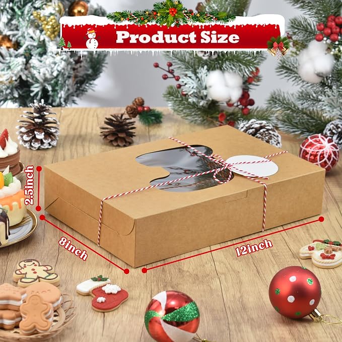 COTOPHER 18Pcs Christmas Cookie Boxes with Window, 12x8x2.5 inch Brown Bakery Boxes for Gift Giving, Kraft Treat Boxes Dessert Boxes for Cakes Donuts Chocolate Strawberries Pastries Muffins