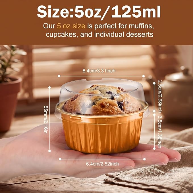 200 Pack Aluminum Foil Cupcake Liners with Lids, 5 oz Round Baking Cup, Disposable Ramekin Container for Graduation Wedding Independence Day Party(Bronze Gold,Plain)