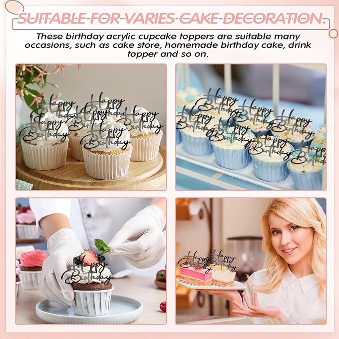 Weysat 30 Pcs Black Mirror Acrylic Cupcake Toppers Happy Birthday Cake Decorations for Birthday Party Cupcake Toppers
