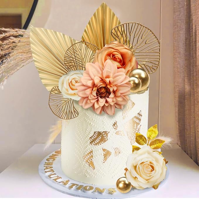 DRWATE Cake Topper, 11pcs Boho Flower Gold Leaves Cake Decorations for Wedding Baby Shower Birthday Party Supplies