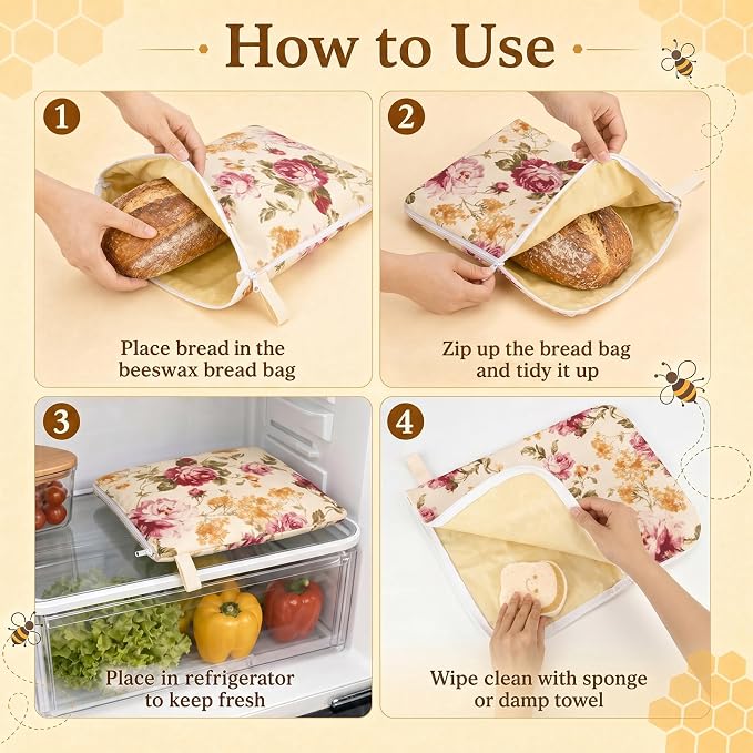 2 Pack XL Beeswax Bread Bags for Sourdough, Organic Beeswax Linen Cotton Bread Storage Bags with Bowl Cover & Cleaning Sponge Set, Fresh Bread Freezer Bags with Sealing Zip for Homesteading (F)