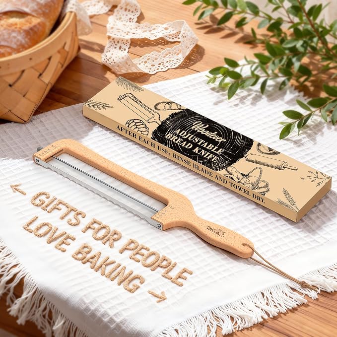 Woodever Adjustable Bread Knife for Home Use, Wooden Sourdough Bread Slicer for Homemade Bread with Bow Design, Premium Stainless Serrated Bread Cutter for Bagels and Baguettes-Natural