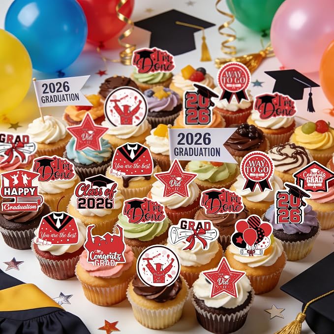 48pcs Edible 2026 Graduation Cupcake Toppers Wafer Paper Red Class of 2026 Cake Decorations Edible Congrats Grad Cupcake Picks for 2026 Graduation Theme Party Cake Supplies