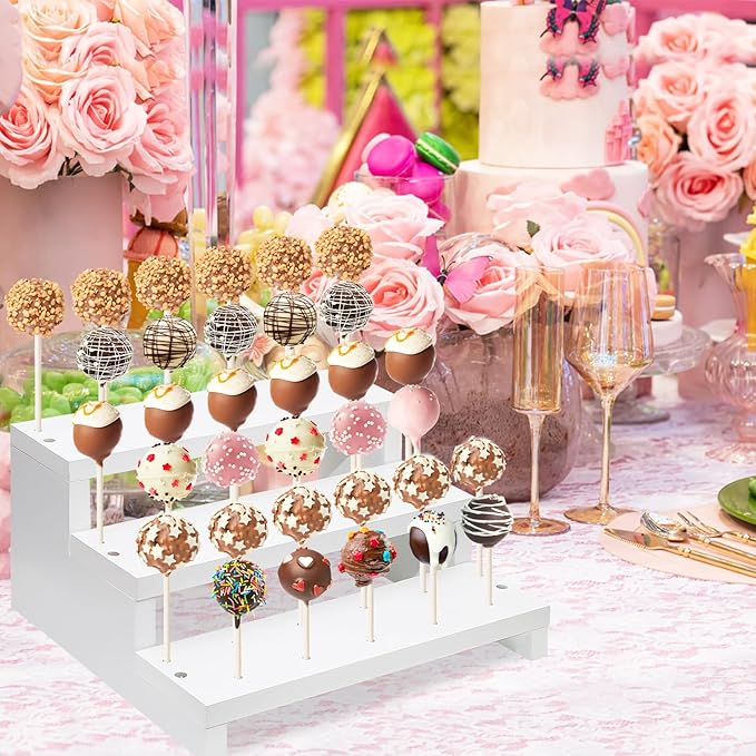 Wood Cake Pop Stand, 3 Tier White 33 Holes Lollipop Display Holder with Twist Ties Lollipop Sticks, Cupcake Dessert Display Stand Riser for Table of Wedding Birthday Party Christmas Day (A)
