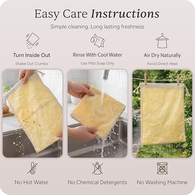 Leafico Bread Bag Set – 2 Cotton Loaf Bags + 1 Baguette Bag with Beeswax Liner – Reusable Storage for Sourdough, Crusty Bread, Artisan Loaves – Washable, Freezer Safe, Eco Alternative