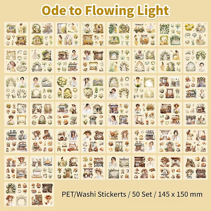 Fleeting Time Theme Sticker Scrapbooking Supplies for Junk Journal, 50 Sheets Washi Stickers - Vintage Journaling Stickers
