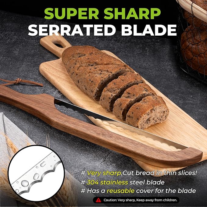 RAPSAKEMOH Sourdough bread knife,Bread Slicer for Homemade, Bread Knife for Homemade Bread sourdough,Serrated Stainless Blade,Bread Cutter,sourdough cutter,Easy Even Slicing&Clean (Walnut Brown)