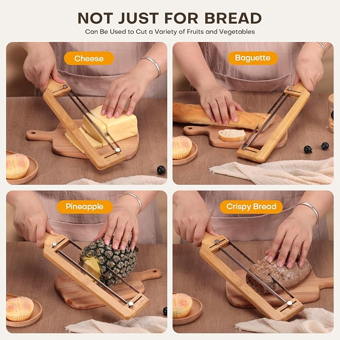 Adjustable Bread Knife for Homemade Bread Sourdough, Bamboo Handle | 304 Stainless Steel, Precision Slicing Guide, Bow Bread Knife with Extra Blade, Manual Bread Cutter, Gift for Bakers