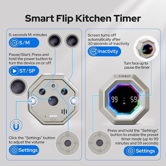 Visual Timer for Kids Kitchen Timer Pomodoro Magnetic Visual Countdown | Smart Gravity Sensing Timer with Large Display Loud Alarm for Study Cooking Classroom Homework Time Management