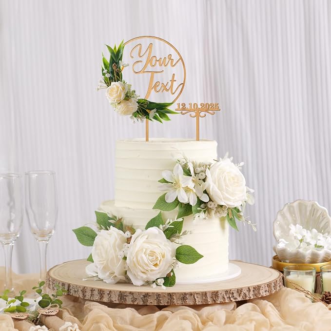 CustomText Wedding Cake Topper with 3D Artificial Flowers and Green Leaves Personalized Your Text Birthday Cake Decoration (Oak Finish)