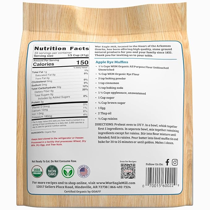 War Eagle Mill Organic Stoneground Rye Flour, 48 oz (2 Pack)