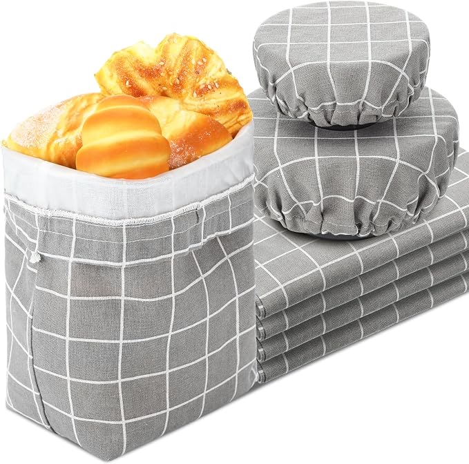 FoldTier 6 Pcs Bread Bags for Homemade Bread with Bowl Cover, 4 Linen Reusable Bread Bag TPU Plastic Lined Sourdough Bread Bags 2 Elastic Reusable Bowl Covers for Bread Proofing Cover for Storage Gray