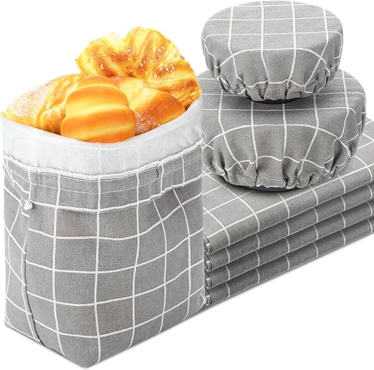FoldTier 6 Pcs Bread Bags for Homemade Bread with Bowl Cover, 4 Linen Reusable Bread Bag TPU Plastic Lined Sourdough Bread Bags 2 Elastic Reusable Bowl Covers for Bread Proofing Cover for Storage Gray