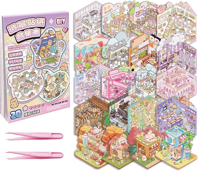 20 Sets DIY 3D Sticker Scene Collection Book DIY 3D House Stickers Make Your Own Sticker Therapy Cute Cartoon Stickers Scenes for Relief Stress Pass The Time