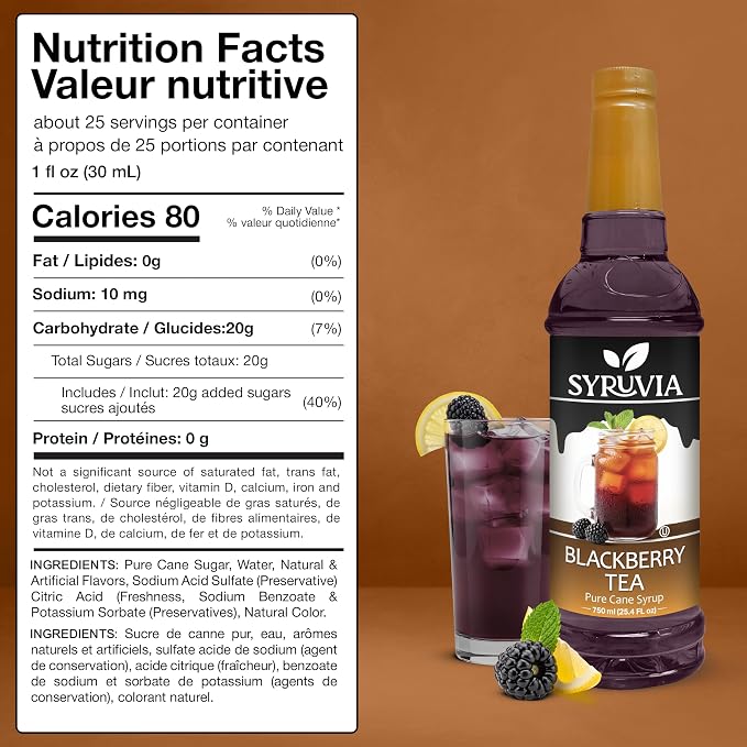 Syruvia Blackberry Tea Syrup, Flavored Syrup for Teas, Drinks, Lemonades, Iced Teas, and Desserts – 25.4 fl oz - with Pump