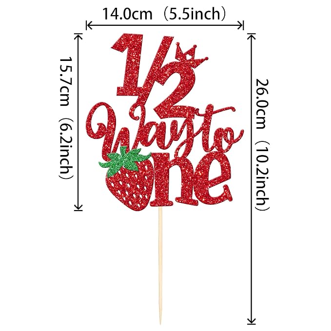 1 PCS Strawberry 1/2 Half Way to One Cake Topper Glitter Berry Sweet Half Way to Go Cake Pick Happy 6 Months Birthday Cake Decoration for Strawberry Theme Baby Shower Birthday Party Supplies Red