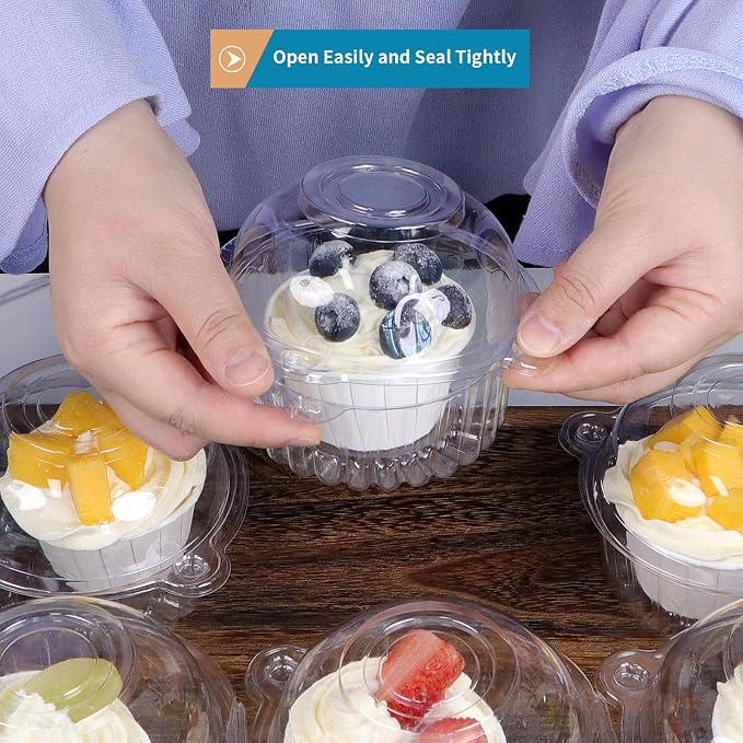 150 Pcs Cupcake Holders with Dome Lids, Stackable Individual Plastic Muffin Containers, Cute Dessert Boxes Disposable for Bake Sale, Party Favor Cake, Fruit, Salad, Cocoa Bombs (Clear)
