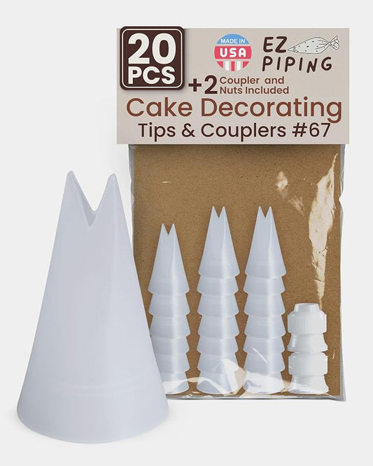 Reusable Plastic Piping Tips Standard Size Leaf Tip #67 20 Pack with 2 Couplers V-Cut Icing Nozzle for Cake Decoration, Dessert Design Baking Supplies and Piping Bags Base Ø 0.75"Height 1.25"