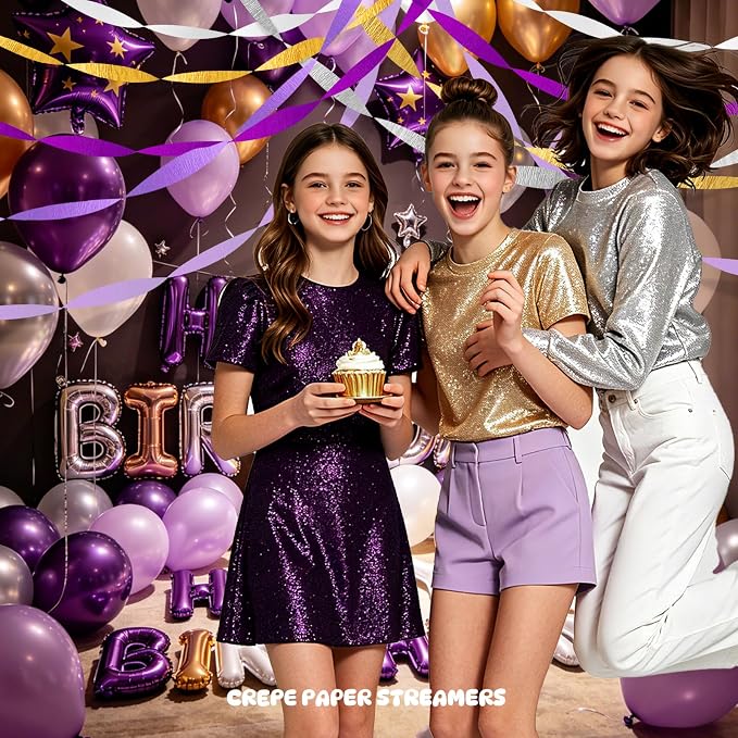 AOYOO Crepe Paper Streamers, 6 Rolls Purple Gold and Silver Party Streamers, Lavender White Decorations for Rapunzel Birthday, Graduation, Princess Theme Party and Wedding Supplies