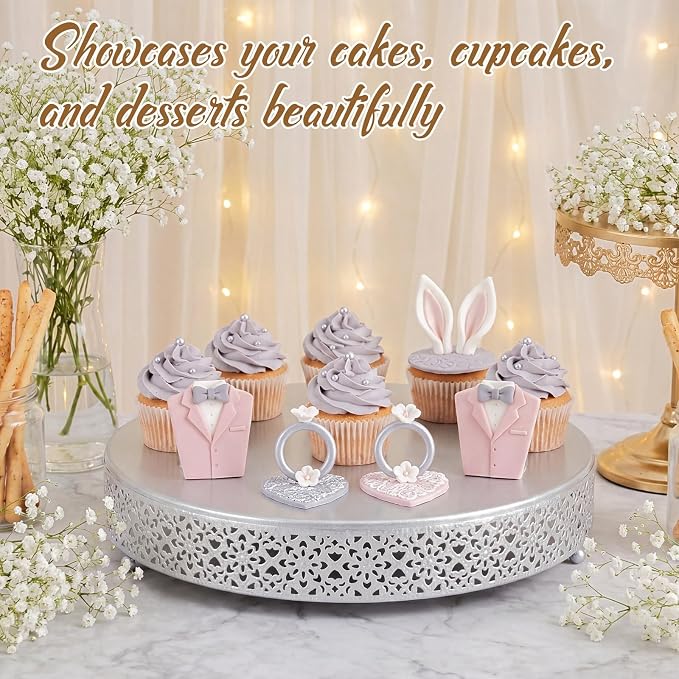 Wenqik Cake Stand 14 Inch Round Metal Cupcake Dessert Wedding Cake Stand Cookies Display Holder Fruit Serving Tray for Table Wedding Birthday Anniversary Party, Silver