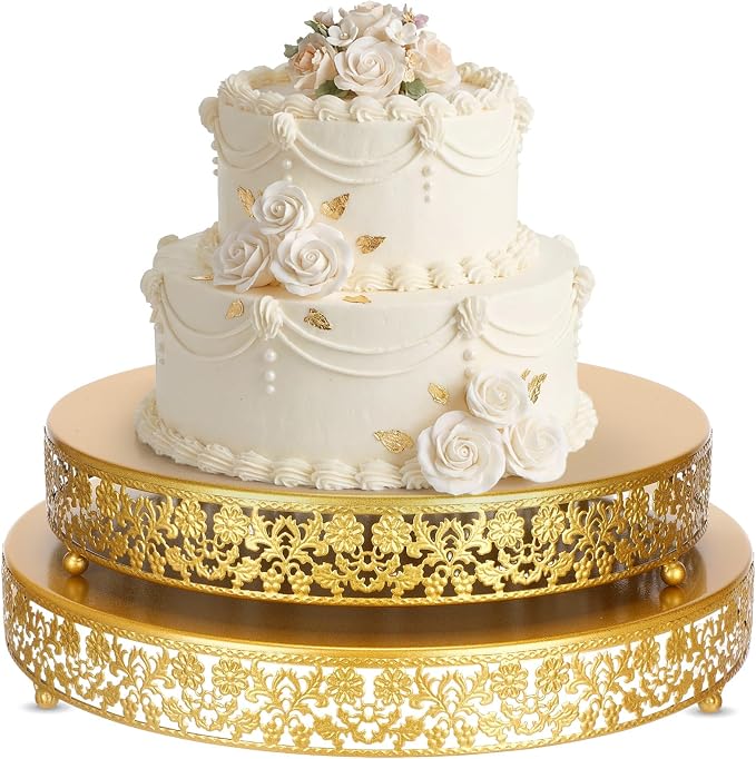 Wenqik 2 Pack Cake Stand Set, 14/16 Inch Metal Round Cupcake Dessert Stand Decorative Elegant Cake Display for Weddings Party Birthday Baby Showers Anniversary(Classic Floral,Gold)