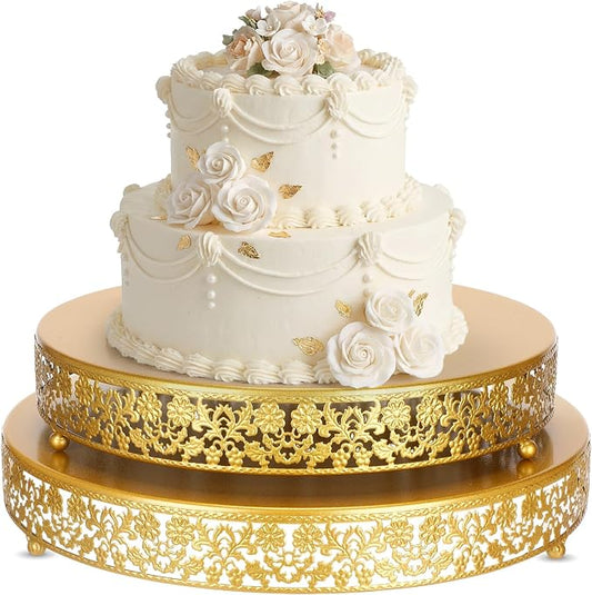 Wenqik 2 Pack Cake Stand Set, 14/16 Inch Metal Round Cupcake Dessert Stand Decorative Elegant Cake Display for Weddings Party Birthday Baby Showers Anniversary(Classic Floral,Gold)