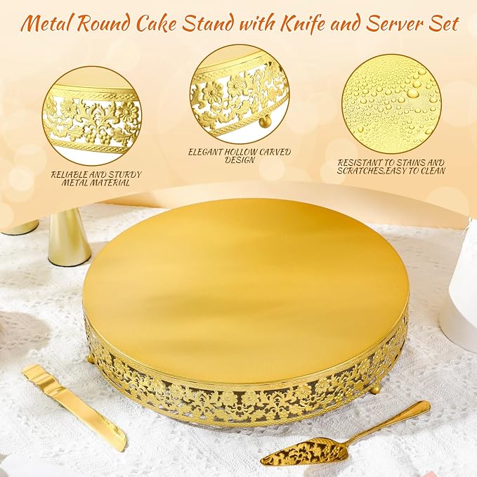 Wenqik 16 Inch Gold Cake Stand Set Metal Round Cupcake Dessert Stand with Cake Cutting, Flower Spatula Wedding Cupcake Pastry Display Candy Holder Display for Wedding Party Birthday Baby Shower