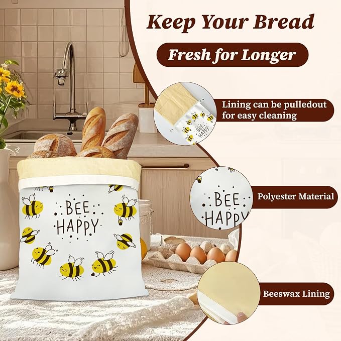 Beeswax Bread Bags, 2 Pack for Homemade Bread and Sourdough Storage | Bee Happy, Reusable Polyester Bread Storage With Beeswax Coating And Snap Closures