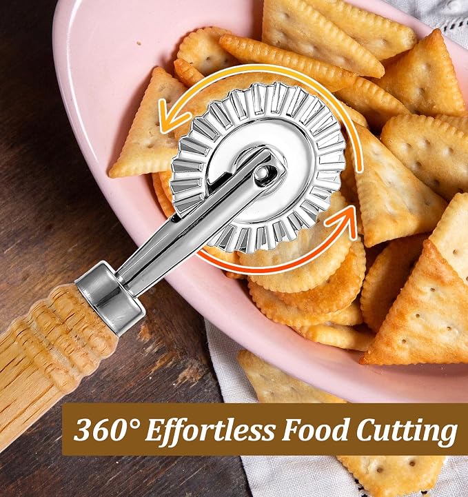 Fluted Pastry Wheel, Pastry Wheel Cutter Tool with Long Wooden Handle, Kitchen Cutter Tool for Pasta, Dumplings and Baking