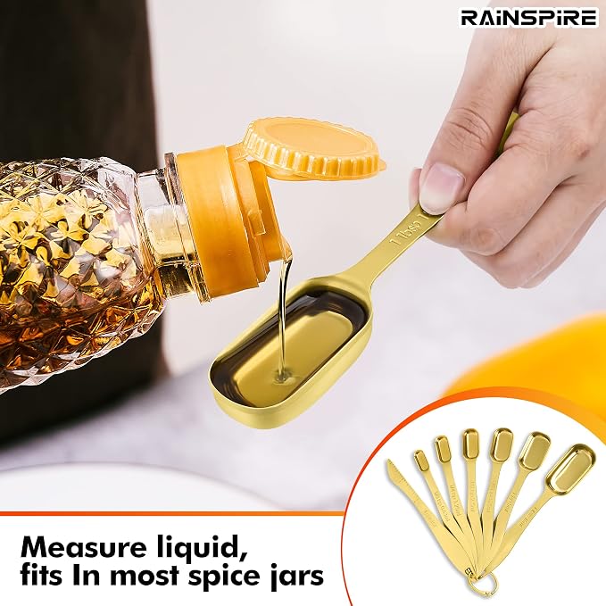 Rainspire Heavy Duty Measuring Spoons Set Stainless Steel, Metal Measuring Cups and Spoons Set for Dry or Liquid, Fits in Spice Jar, Home Gadgets Kitchen Gadgets, Set of 7 Including Leveler, Gold