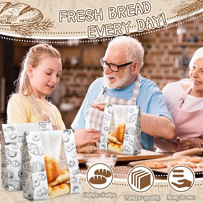 MotiMind 100 Packs Paper Bread Bags for Homemade Bread Sourdough 14 x 8.3 x 3.5 Inches Kraft Paper Bakery Bag with Window Label Seal Sticker for Baked Food Packaging Storage(White)