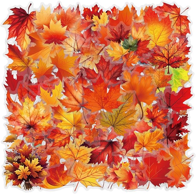 Maple Leaf Stickers Pack, 60PCS Colorful Transparent Sticker Waterproof PET Stickers for Laptop, Stationery, Luggage, Scrapbooking, Water Bottles, Gifts Party Decorations