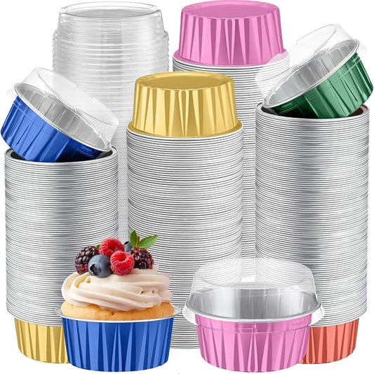 Gejoy 400 Pcs Aluminum Foil Baking Cups with Lids 5 oz Disposable Ramekins Mini Cake Pans Creme Brulee Cupcake Liners Muffin Dessert Container for Wedding Birthday Party (Classic,Bright Color)