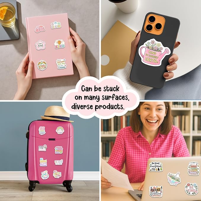 Kindness Stickers – Waterproof Vinyl Be Kind Decals for Water Bottles, Laptops, Journaling – Non-Repeating Decals, High-Definition Print Gift for Womens (50PCS)