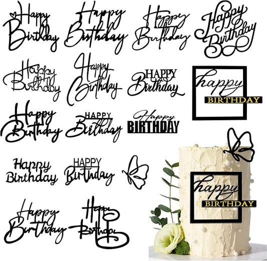 15 PCS Black Happy Birthday Cake Toppers Acrylic Mirror Inserts for Cakes Cupcakes Desserts 15 Styles