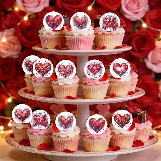 36PCS Edible Red Heart Cupcake Toppers Wafer Paper Sweet Love Be Mine Kiss Me Heart Cupcake Picks Valentine’s Cake Decor for Valentine's Day Theme Wedding Party Supplies