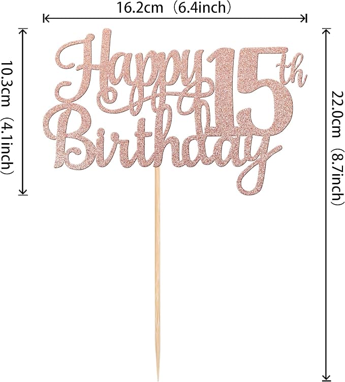 1 PCS Happy 15th Birthday Cake Topper Glitter Cheers to 15 Years Birthday Cake Pick Mis Quince 15 Fabulous Cake Decoration for Happy 15th Birthday Theme Party Decorations Supplies Rose Gold