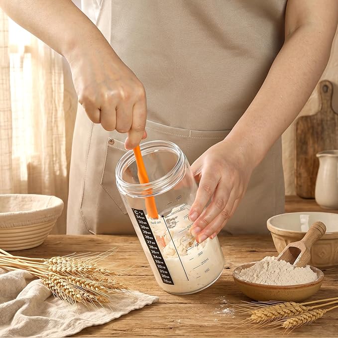 34 oz Sourdough Starter Jar, Large Artisan Glass Sourdough Starter Jar Kit with Long Silicone Spatula, Temperature Strip, Feeding Tracking Band, Linen Cloth Cover & Aluminum Lid