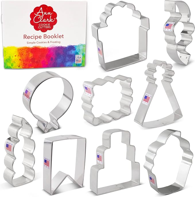 Ann Clark Birthday 9-Pc. Cookie Cutter Set, Made in USA, Birthday Hat, Cake, Cupcake, Balloon, Present, Candle, Bunting Banner, Confetti, Plaque