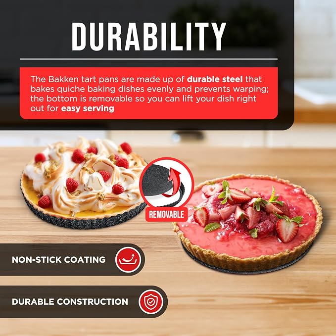 Bakken- Swiss Tart Pan – Quick Release Removable Base, Non-Stick Fluted Edge, Durable Steel - Create Perfect Pies, Fruit Tarts, and Quiches with Ease