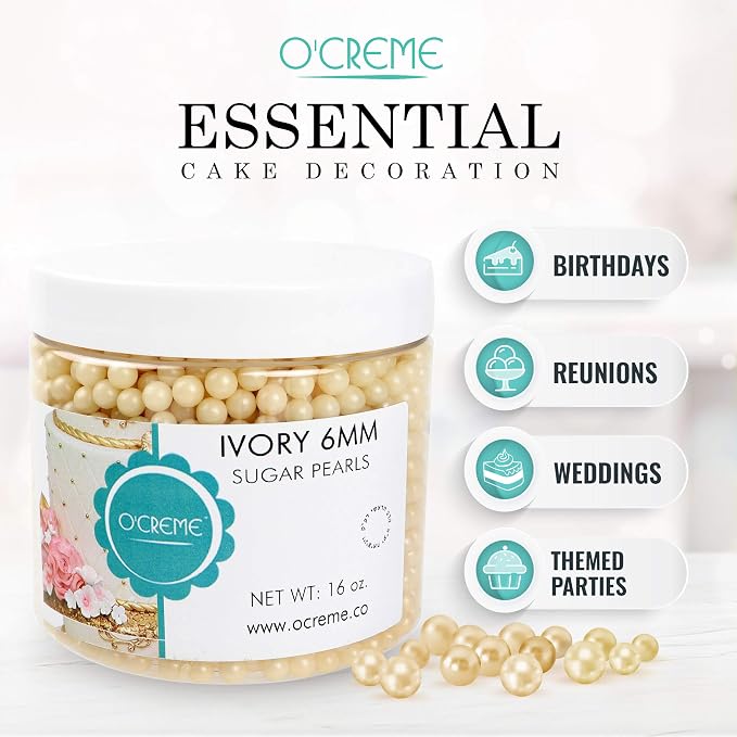 O'Creme Ivory Edible Sugar Pearls Cake Decorating Supplies for Bakers: Cookie, Cupcake & Icing Toppings, Beads Sprinkles For Baking, Certified, Candy Sugar Ball Accents (8mm, 32 oz)