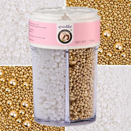 HeDeon&Rles Edible White Gold Preals Sprinkles for Baking 4 Size（2mm 4mm 7mm 10mm）White Gold Sprinkles for Cake Cupcake Pancake Icing Decoration Karneval St. Patrick Easter Halloween Supplies