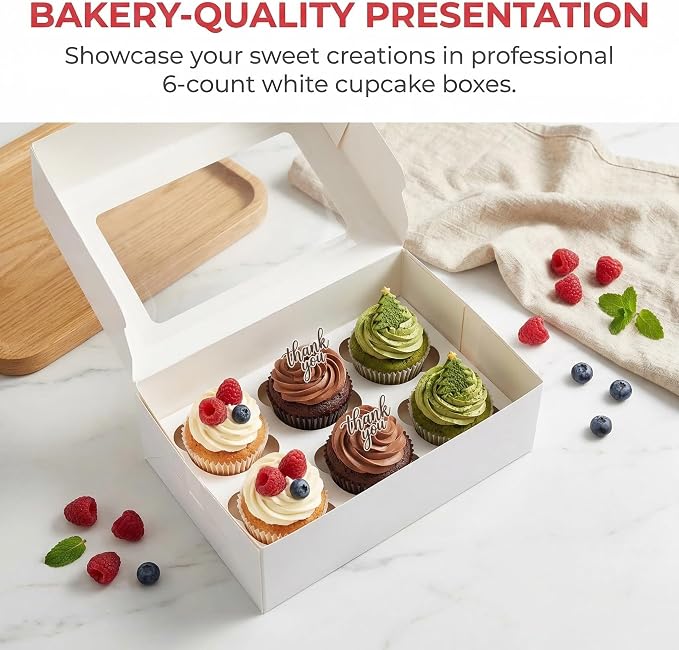 Jucoan 50 Pack White Paper Cupcake Box with Insert and Window Hold 6 Standard Cupcakes, Cupcake Carrier Container, Bakery Muffin Box for Pastry, Cookies, Birthday, Father's Day, Wedding Party