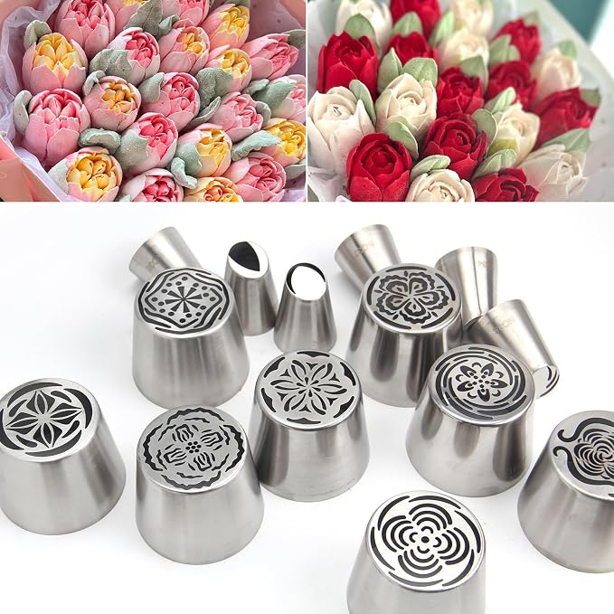 22-Piece Extra Large Russian Icing Nozzle Set, Stainless Steel Rose Tulip Cake Decorating Tips, Includes 12 Jumbo Nozzles, 8 Large Nozzles, and 2 Brushes, Kitchen Baking Tool