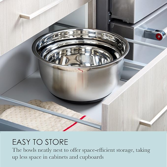 Chicago Metallic Stainless Steel Mixing Bowls Set of 3-3 Qt, 5 Qt, 8 Qt Nesting Bowls with Nonslip Silicone Bases, Dishwasher Safe, Rust Resistant for Kitchen Prep, Serving, and Food Storage