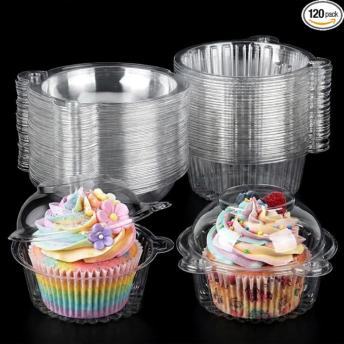 VGOODALL 120PCS Individual Cupcake Containers, 4.3 X 3.2 Inches Plastic Cupcake Holders With Lid for Wedding Baby Shower Birthday Party Supply