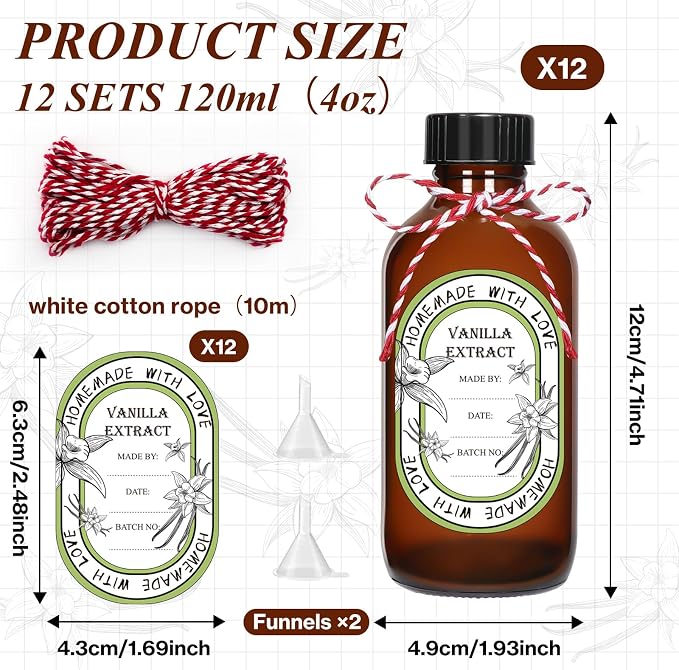 12 Pack 4 oz Vanilla Extract Bottles with Black Poly Cone Caps and 12 Pcs Vanilla Extract Stickers, 120ml Boston Round Sample Bottles for Homemade Vanilla Extract, Essential Oils, Herbal Medicine(4oz)