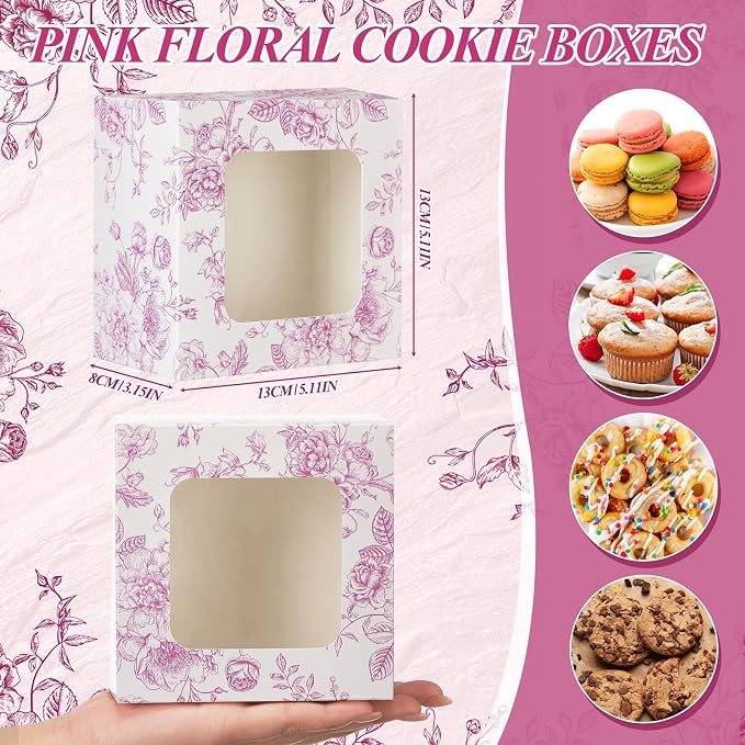 50 Pack Pink Floral Cookie Boxes with Window, Chinoiserie Small Bakery Treat Boxes for Pastry Donuts Macaroon Cupcakes, Wedding Bridal Shower Birthday Tea Party Baby Shower Favors